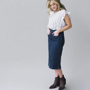 DownEast Button Front Polka-Dot Denim Skirt L